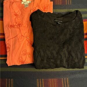 Susan Graver Black Textured Top with Coral Embroidered Button-Up